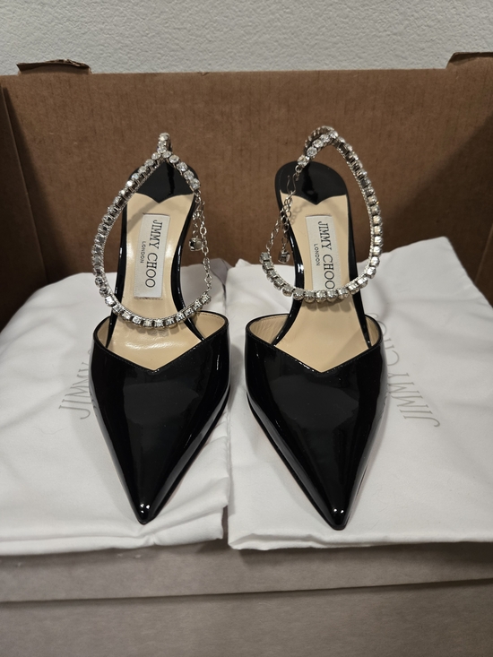 Jimmy Choo Shoes - Jimmy Choo Saeda Black Patent Pointed Toe Slingback Pumps Size 37.5